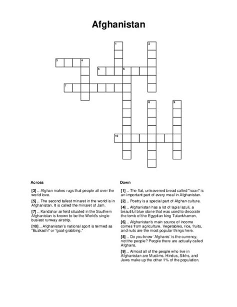 Neighbors of afghan crossword - The Crossword Solver found 30 answers to "Official langue of Afghanistan (7)", 6 letters crossword clue. The Crossword Solver finds answers to classic crosswords and cryptic crossword puzzles. Enter the length or pattern for better results. Click the answer to find similar crossword clues . Enter a Crossword Clue.